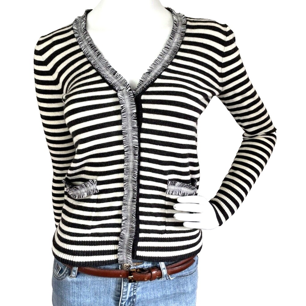 J.Crew Harlow Wool Cardigan XS Black Ivory Striped Fringe Knit Sweater Preppy